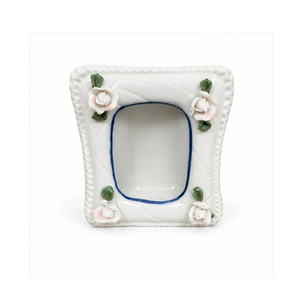 Vintage 1980s Cottagecore Mini Porcelain Picture Frame Pink Flower 4.25
